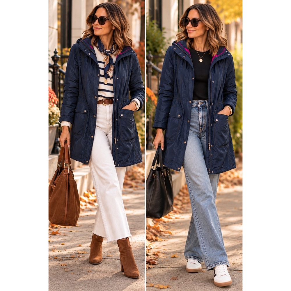 DKNY Jacket Navy Blue Hooded Utility Lightweight Longline M